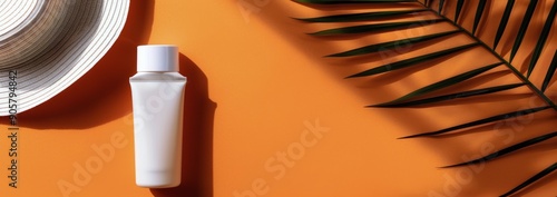 Sunscreen Tube and Straw Hat on Sunlit Surface With Tropical Leaves