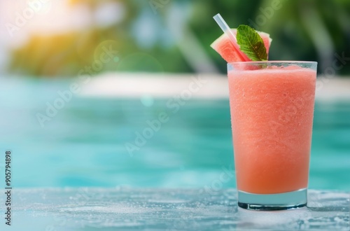 Refreshing Watermelon Smoothie by the Pool on a Sunny Day