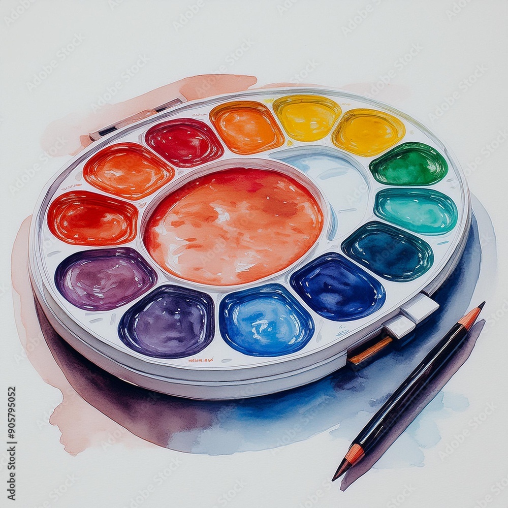 Naklejka premium Watercolor palette, paints, paint brush isolated on white background set.