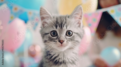 Playful Kitten Surrounded by Colorful Balloons at a Celebration