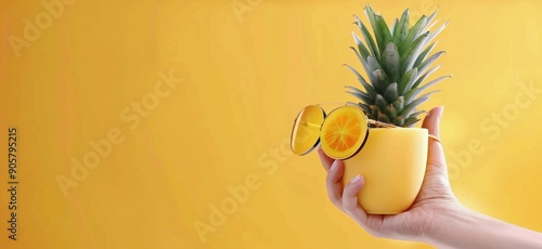 Fresh Pineapple Held Against Vibrant Yellow Background