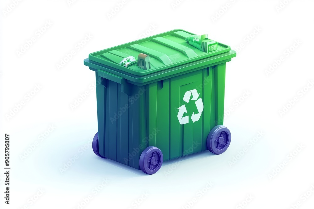 Compact green recycling bin on wheels symbolizing mobile solutions to urban waste challenges. Compact green recycling bin on wheels symbolizing mobile solutions to urban waste challenges.