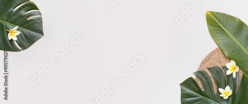 Tropical background with palm leaves and flower.