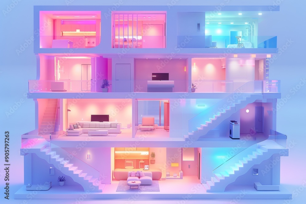 Futuristic blue-lit home model depicting advanced smart home technologies and sustainable living. Futuristic blue-lit home model depicting advanced smart home technologies and sustainable living.