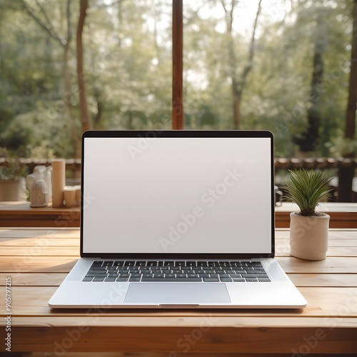 Workspace with laptop computer empty screen on office environment, complemented by a vibrant potted plant blurred background