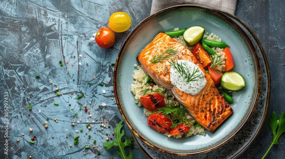 Top view of a succulent salmon steak on a bed of quinoa and steamed vegetables, served with a drizzle of creamy dill sauce. Great for health-conscious dining themes.