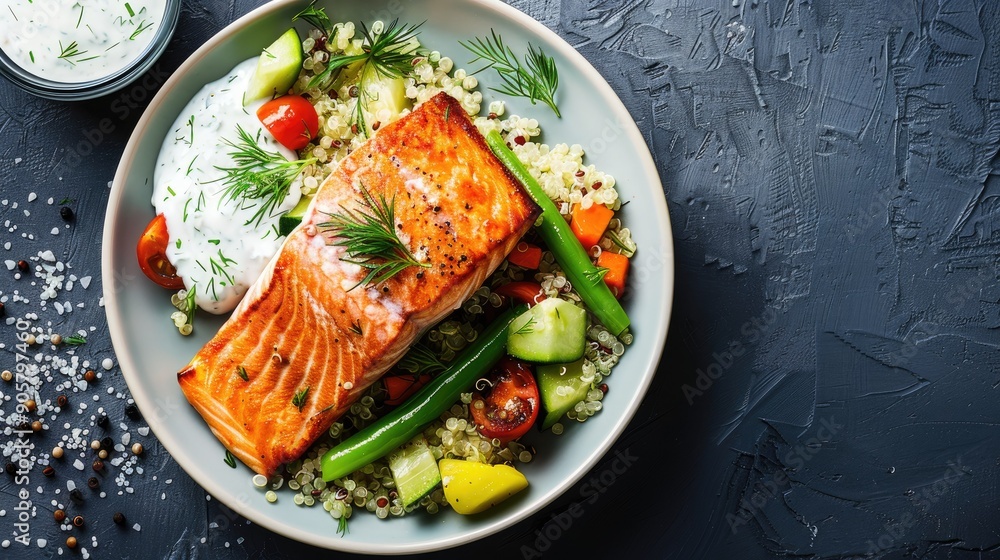 Top view of a succulent salmon steak on a bed of quinoa and steamed vegetables, served with a drizzle of creamy dill sauce. Great for health-conscious dining themes. Top view of a succulent salmon steak on a bed of quinoa and steamed vegetables, served with a drizzle of creamy dill sauce. Great for health-conscious dining themes.