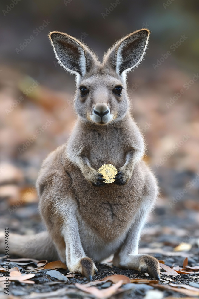 A meme with a kangaroo putting coins in its belly pocket for savings. Kangaroo holding gold coin, symbolizing inflation, savings, financial safety cushion, rising costs concept A meme with a kangaroo putting coins in its belly pocket for savings. Kangaroo holding gold coin, symbolizing inflation, savings, financial safety cushion, rising costs concept