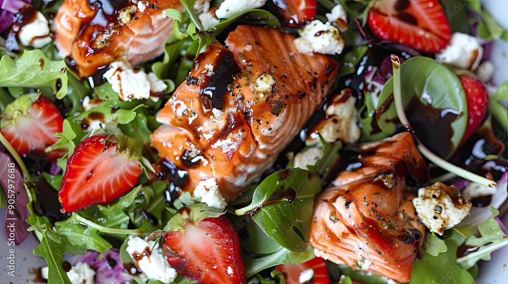 Top view of a vibrant salmon and strawberry salad with mixed greens, goat cheese, and a balsamic glaze. Suitable for fresh and zesty meal visuals. Top view of a vibrant salmon and strawberry salad with mixed greens, goat cheese, and a balsamic glaze. Suitable for fresh and zesty meal visuals.