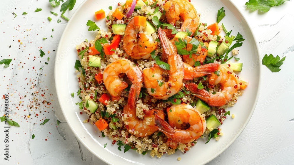 Top view of shrimp steak on a bed of quinoa salad with chopped vegetables and a sprinkle of fresh herbs. A healthy and nutritious seafood meal.