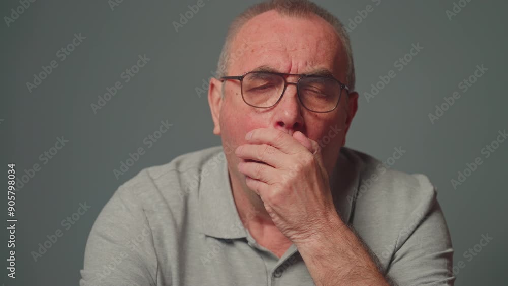 Sick elderly man coughing with seasonal flu symptoms sitting on couch at home. Closeup