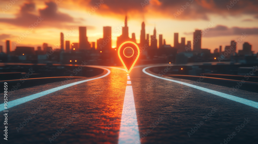 A perspective shot of a long road leading to a distant cityscape with a location pin in the center, symbolizing direction and journey. A perspective shot of a long road leading to a distant cityscape with a location pin in the center, symbolizing direction and journey.