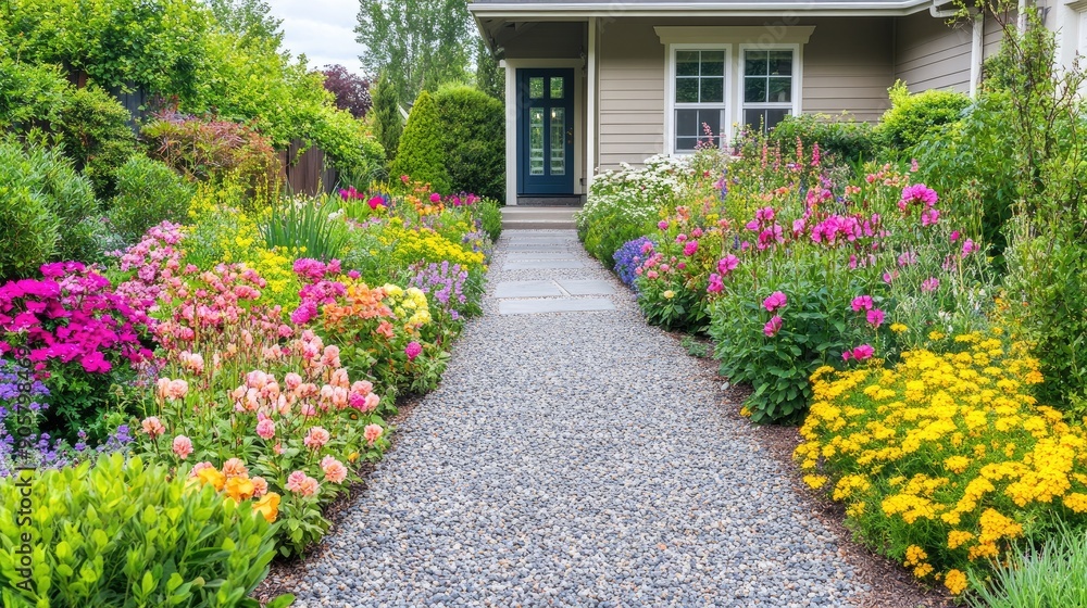 Fototapeta premium Attractive front yard design with colorful flowers, bushes, and a gravel pathway leading to the house