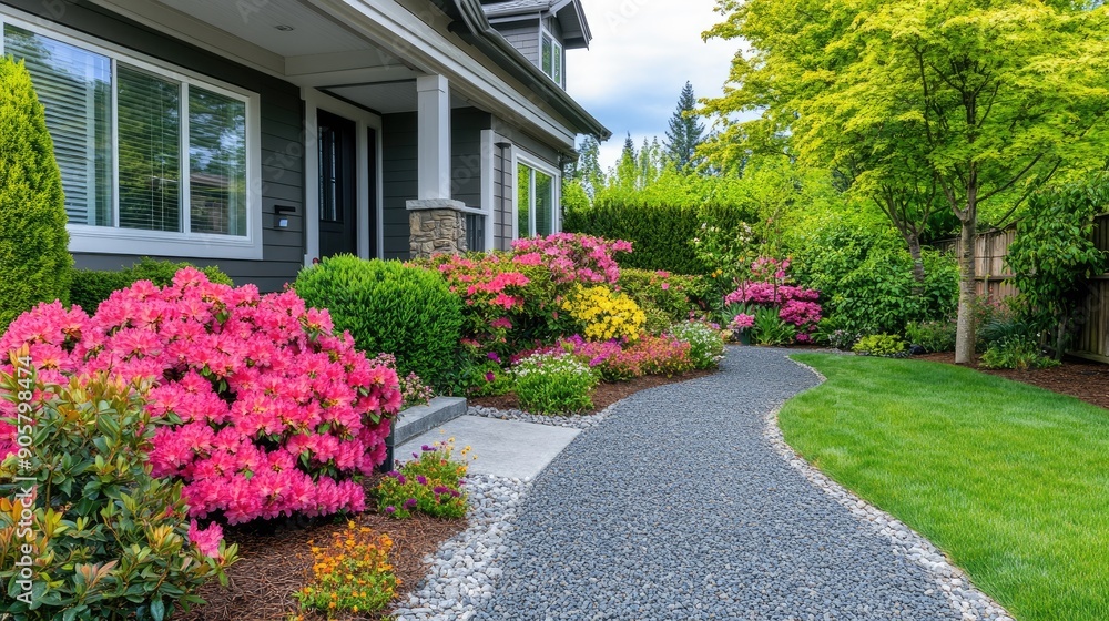 Attractive front yard design with colorful flowers, bushes, and a gravel pathway leading to the house Attractive front yard design with colorful flowers, bushes, and a gravel pathway leading to the house