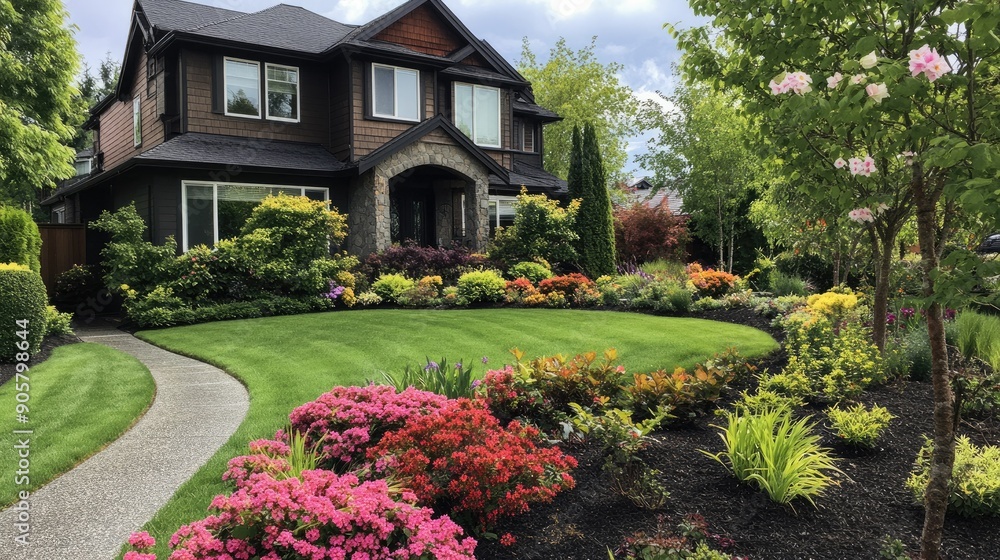 Obraz premium Beautifully landscaped front yard with a mix of plants, blooming flowers, and a neatly mowed lawn