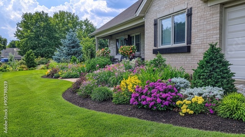 Beautifully landscaped front yard with a mix of plants, blooming flowers, and a neatly mowed lawn