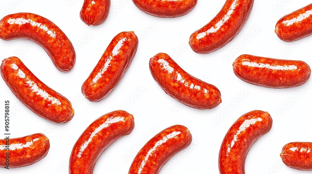 Fried red sausages in a seamless pattern, appetizing and delicious on white Fried red sausages in a seamless pattern, appetizing and delicious on white