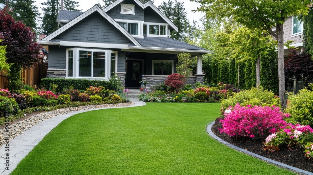 Green lawn with freshly planted shrubs and colorful flowers in front of a stylish suburban home Green lawn with freshly planted shrubs and colorful flowers in front of a stylish suburban home