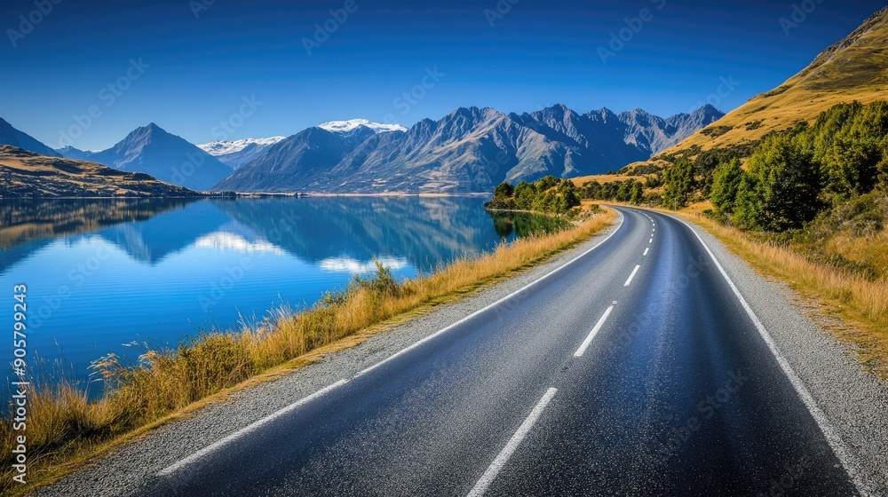 Naklejka premium Highway by a crystal-clear lake with mountains reflected in the water
