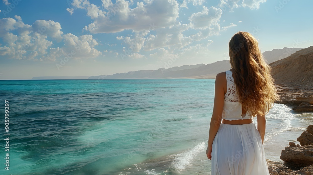 A beautiful young woman looks at the beautiful sea, clouds and mainland in the far distance the Red Sea
A beautiful young woman looks at the beautiful sea, clouds and mainland in the far distance the Red Sea
