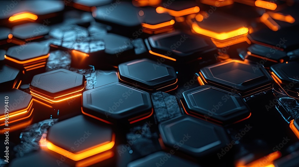 Modern 3D tech background featuring layered hexagons and glowing digital elements Modern 3D tech background featuring layered hexagons and glowing digital elements