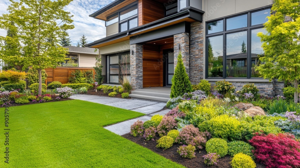 Modern front yard landscaping with a mix of greenery, flowers, and a neatly mowed lawn Modern front yard landscaping with a mix of greenery, flowers, and a neatly mowed lawn