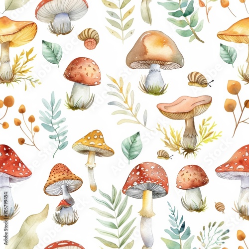 An abstract watercolor pattern with forest mushrooms, flowers, and snails. Kids wallpapers.