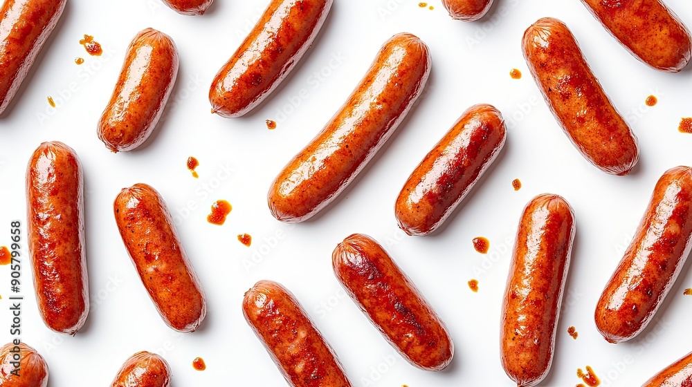 Pattern of crispy fried red sausages, delicious and appetizing on white Pattern of crispy fried red sausages, delicious and appetizing on white