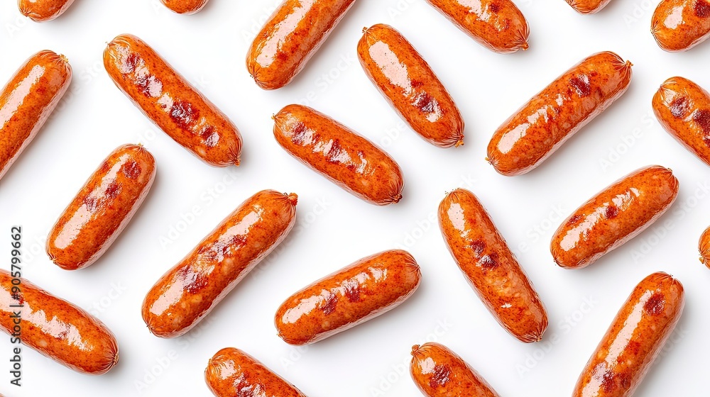 Pattern of crispy fried red sausages, delicious and golden-brown on white Pattern of crispy fried red sausages, delicious and golden-brown on white