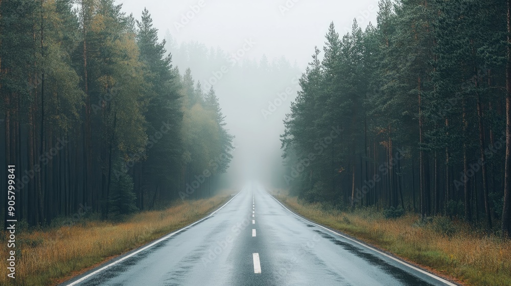 Roadside scenery of a foggy morning with a quiet road through pine forests Roadside scenery of a foggy morning with a quiet road through pine forests