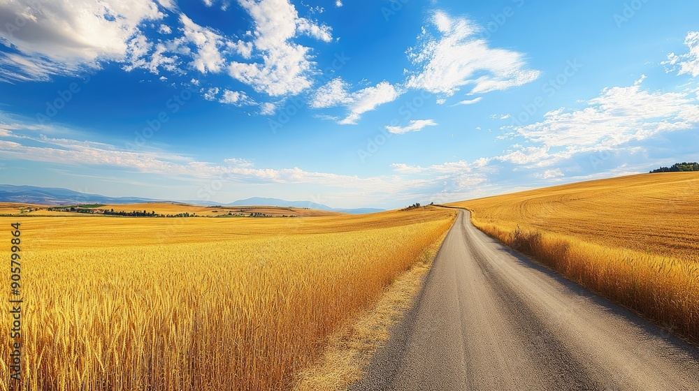 Roadside scenery of a rural road with golden wheat fields and a blue sky Roadside scenery of a rural road with golden wheat fields and a blue sky