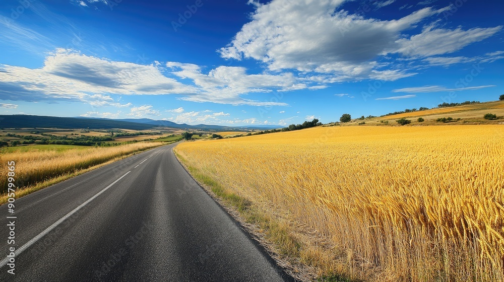 Roadside scenery of a rural road with golden wheat fields and a blue sky Roadside scenery of a rural road with golden wheat fields and a blue sky
