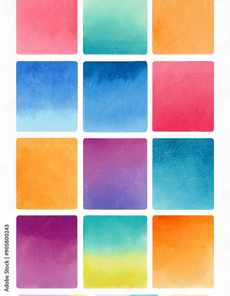Fototapeta premium Large set of texture watercolor in colorful and bright colors palette. Collection of squares for wedding dress code or invitation. Modern illustration of design elements isolated on white background.