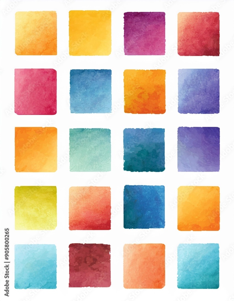 Fototapeta premium Large set of texture watercolor in colorful and bright colors palette. Collection of squares for wedding dress code or invitation. Modern illustration of design elements isolated on white background.