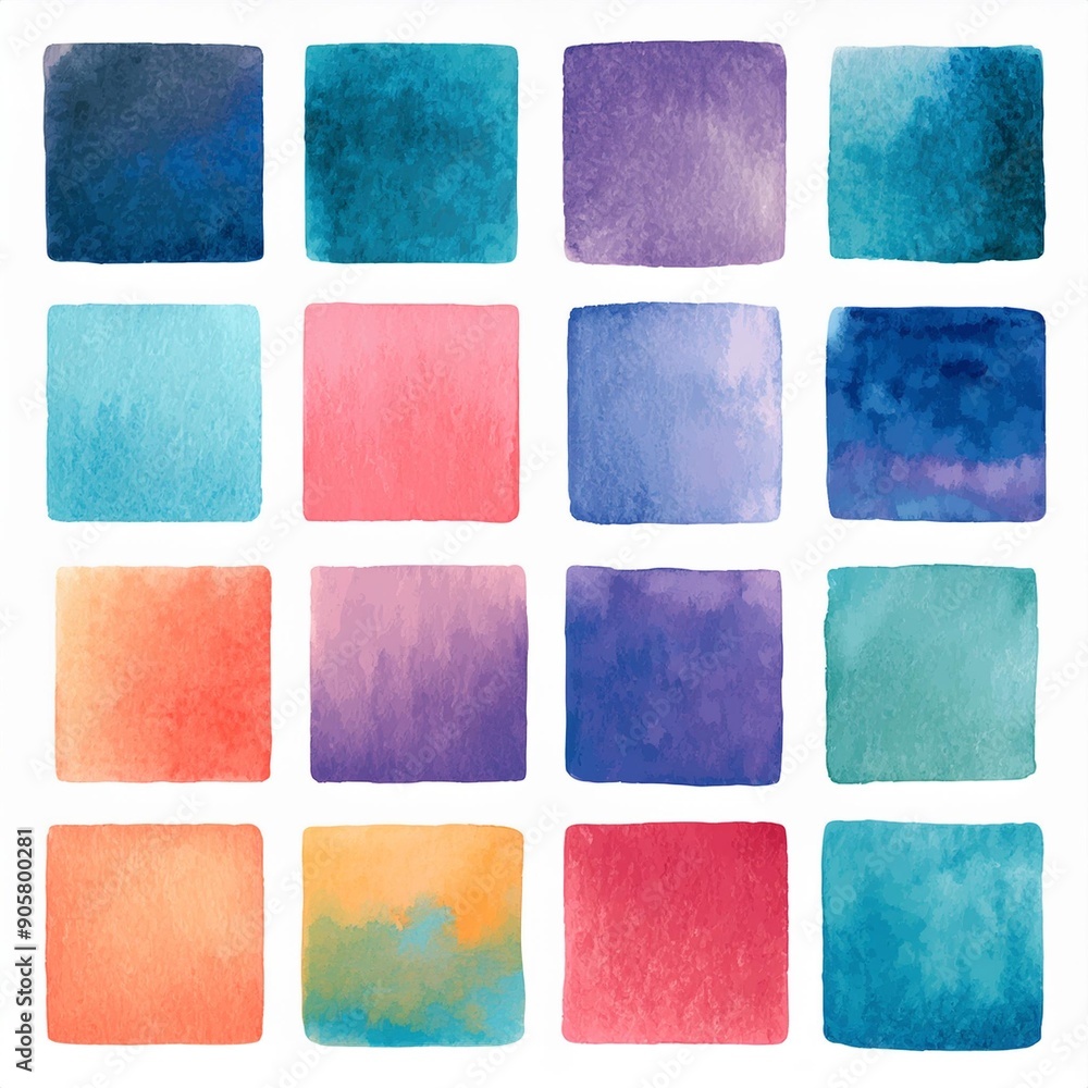 Fototapeta premium Large set of texture watercolor in colorful and bright colors palette. Collection of squares for wedding dress code or invitation. Modern illustration of design elements isolated on white background.