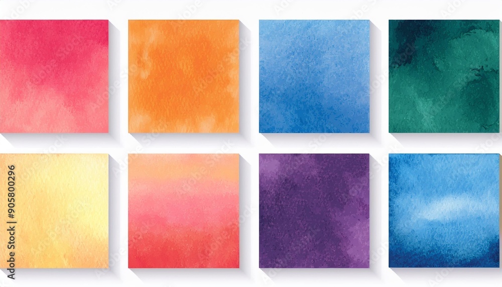 Fototapeta premium Large set of texture watercolor in colorful and bright colors palette. Collection of squares for wedding dress code or invitation. Modern illustration of design elements isolated on white background.