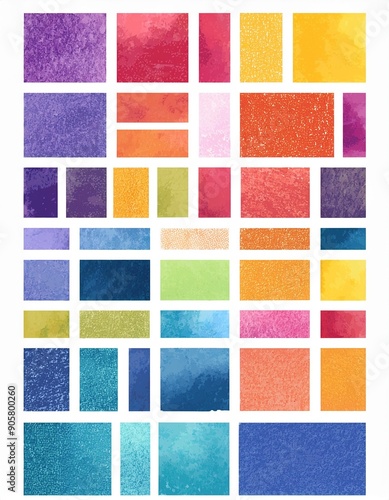 Large set of texture watercolor in colorful and bright colors palette. Collection of squares for wedding dress code or invitation. Modern illustration of design elements isolated on white background.