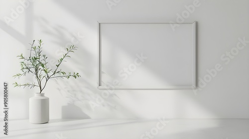 Interior poster mockup featuring a white wall background, a square metal frame, and plants in a vase. rendering in three dimensions.