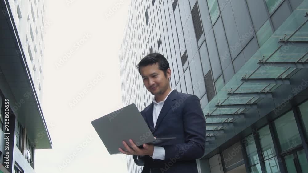 Asian businessman working at laptop showing joy and showing success in investing in financial business investment or wealth. Asian businessman working at laptop showing joy and showing success in investing in financial business investment or wealth.