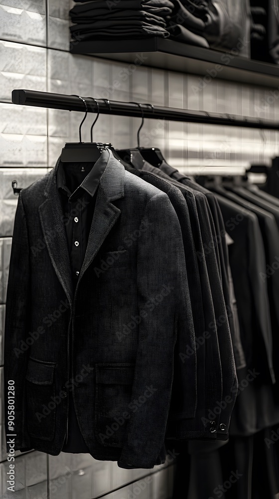 Display of black and gray dress clothes in a modern store, white square tile wall with black grout lines, 3D garment background Display of black and gray dress clothes in a modern store, white square tile wall with black grout lines, 3D garment background