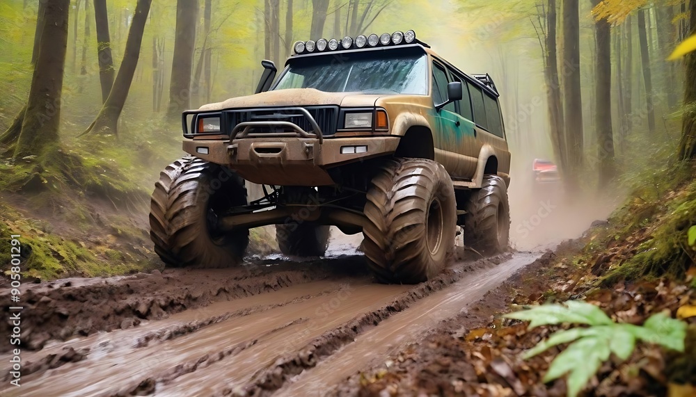 Obraz premium off-road vehicle with massive tires driving through a muddy, leaf-covered forest path created with generative ai 