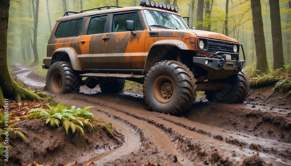 Fototapeta premium off-road vehicle with massive tires driving through a muddy, leaf-covered forest path created with generative ai