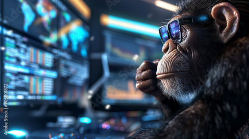 Photorealistic Image of a Monkey Wearing Glasses Analyzing Stock Market Data photo