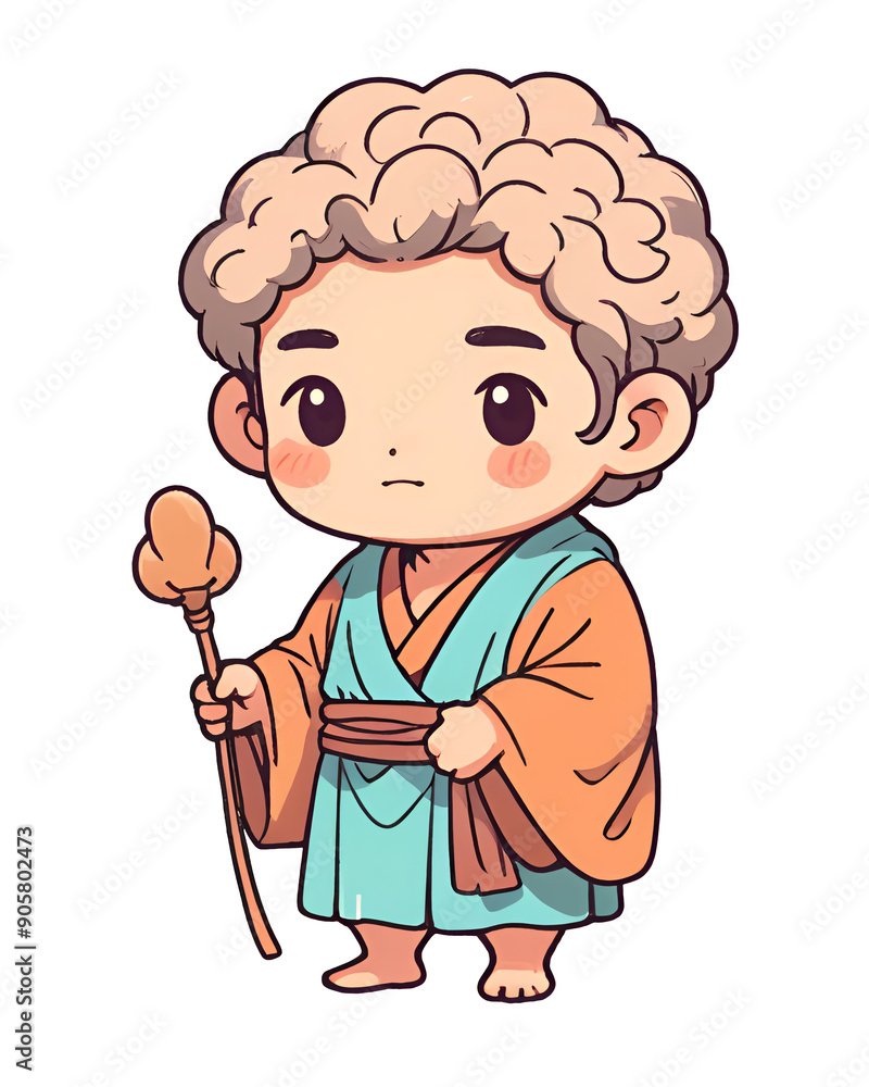 A cartoonish child holding a stick and wearing a blue robe A cartoonish child holding a stick and wearing a blue robe