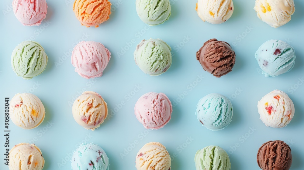 Colorful Ice Cream Scoops on Pastel Blue: Summer Minimalism Colorful Ice Cream Scoops on Pastel Blue: Summer Minimalism