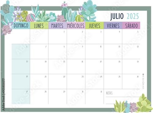 Calendario Planificador 2025 en Español - Tamaño A4 - Mes de Julio