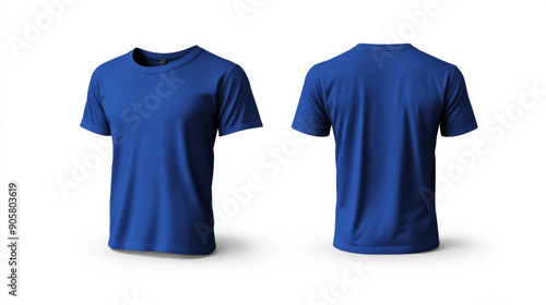 Front and back view of a blue t-shirt on a white background, ideal for mockups and product displays.