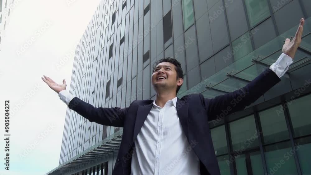 Asian businessman expresses joy by spreading the concept of success and satisfaction in successful business. Asian businessman expresses joy by spreading the concept of success and satisfaction in successful business.