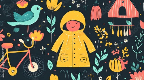 Cute and colorful spring doodles set with a raincoat, balance bike, birdhouse, and cheerful spring icons on a lovely background. photo