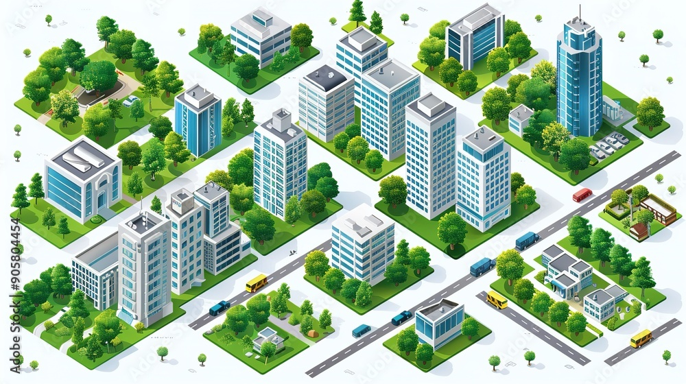 Isometric set of the modern 3D city. Landscape trees, streets. Three-dimensional views of skyscrapers, houses, buildings and urban areas with transport roads, intersections Isometric set of the modern 3D city. Landscape trees, streets. Three-dimensional views of skyscrapers, houses, buildings and urban areas with transport roads, intersections